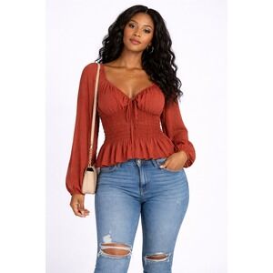 EXPRESS Women's Peasant Smocked Crop Top Size‎ Large Long Sleeve Boho Blouse